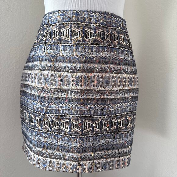 Boho Tribal Embellished Mini Skirt Blue Gold Sequin Elastic Waist - Picture 2 of 5